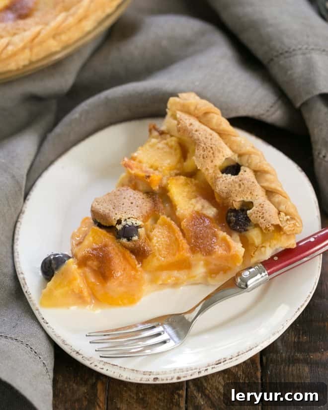 Blueberry Peach Custard Pie - A one crust peach pie speckled with blueberries Blueberry Peach Custard Pie slice on a white dessert plate with a red handled fork
