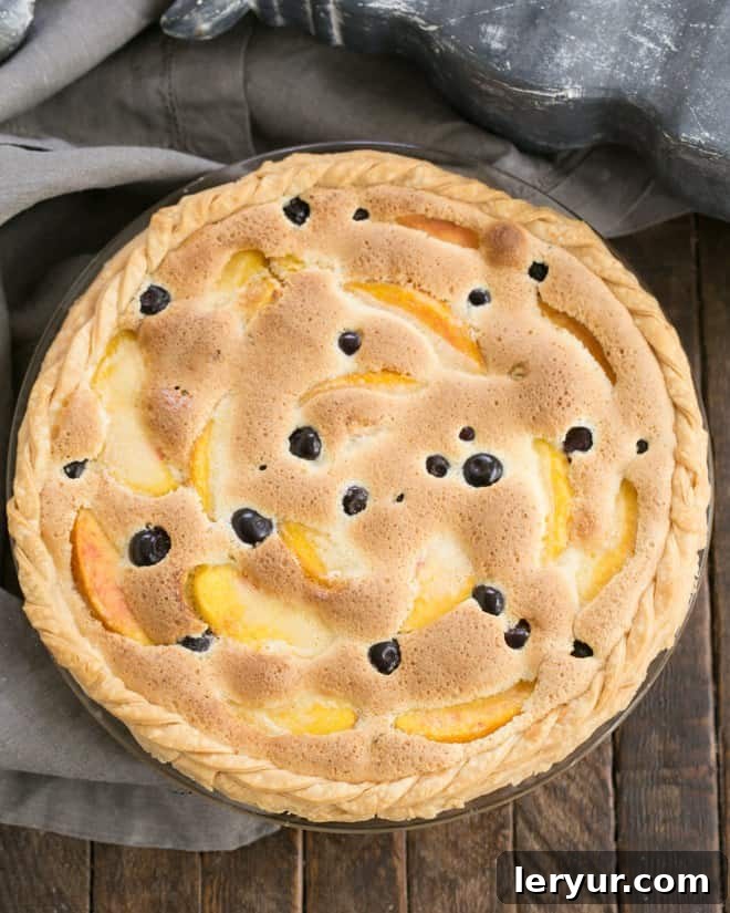 Peach Blueberry Custard Pie - A one crust peach pie speckled with blueberries