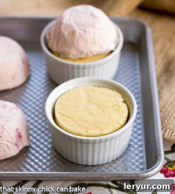 Individual Baked Alaskas - an elegant, retro dessert made of ice cream, pound cake and toasted meringue Layering shots of Individual Baked Alaskas