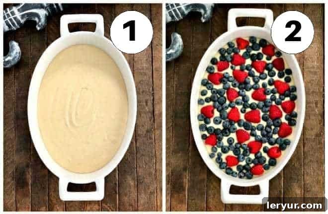 No-Fuss Mixed Berry Cobbler 2 Berry Cobbler process shots 1 and 2, showing the batter being poured and berries scattered over it.