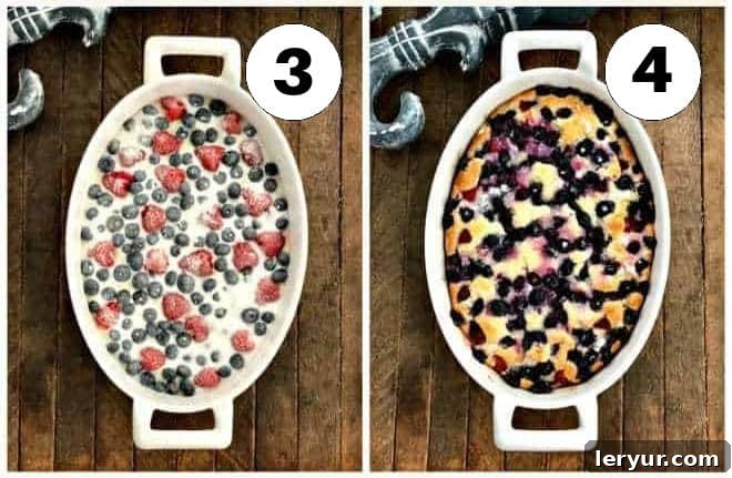 No-Fuss Mixed Berry Cobbler 3 Berry Cobbler Process shots 3, 4, showing sugar being sprinkled and the finished baked cobbler.
