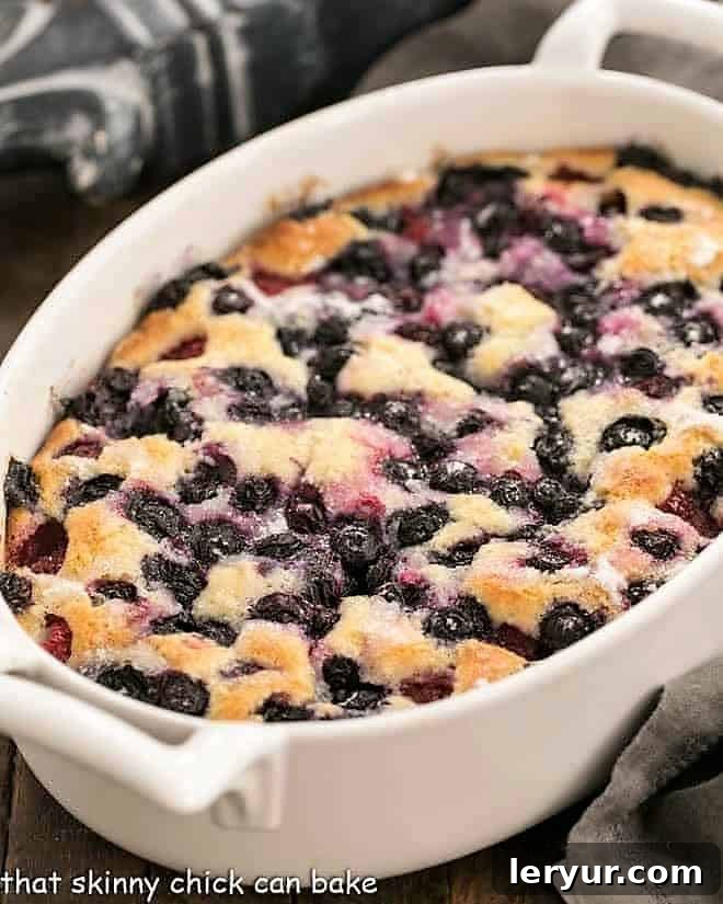 No-Fuss Mixed Berry Cobbler 4 Mixed berry cobbler in a white, oval casserole dish, glistening with baked berries and golden crust.