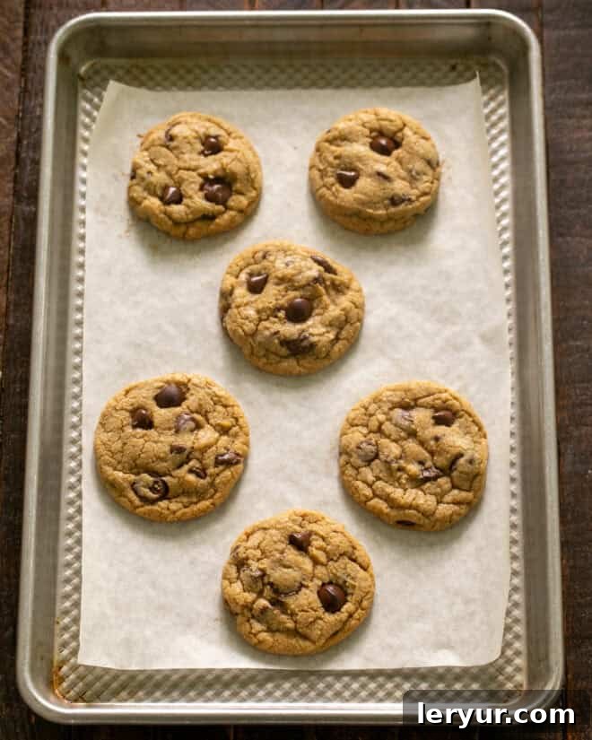 Dangerously Delicious Chocolate Chip Cookies 10 Freshly baked killer chocolate chip cookies, golden brown and perfectly rounded, arranged on a parchment-lined baking sheet, having just emerged from the oven and emitting steam.