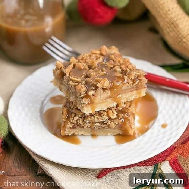 Sweet and savory Caramel Apple Streusel Bars, drizzled with extra caramel sauce.