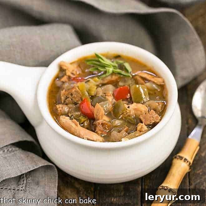 Sausage and Chicken Gumbo -in a ceramic soup bowl