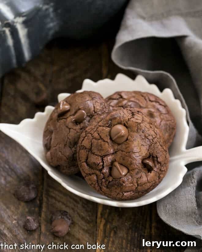 Death by Chocolate Cookies served in a stylish leaf-shaped white bowl.