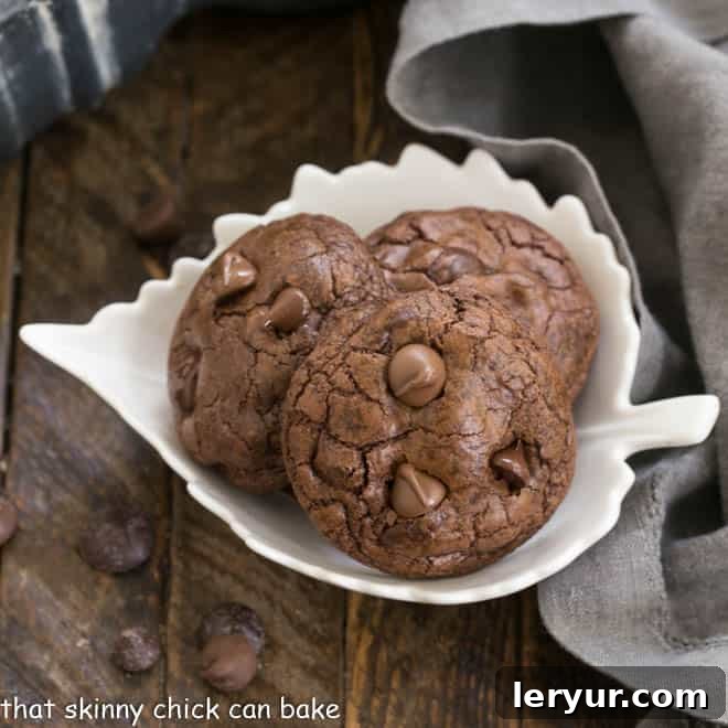 Three Death By Chocolate Cookies artfully arranged in a white ceramic leaf bowl, showcasing their rich texture and abundant chocolate chips.
