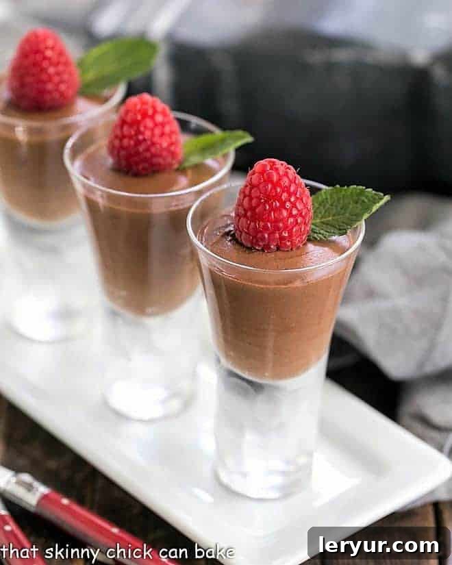 Chocolate Truffle Mousse AKA Mousse au Chocolat in decorative shot glasses.
