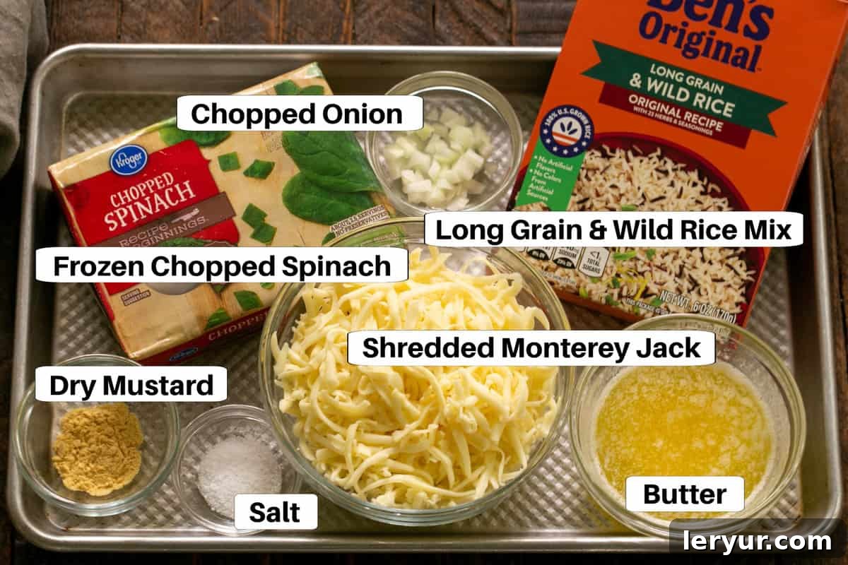 Rice Casserole Ingredients on a sheet pan with labels.