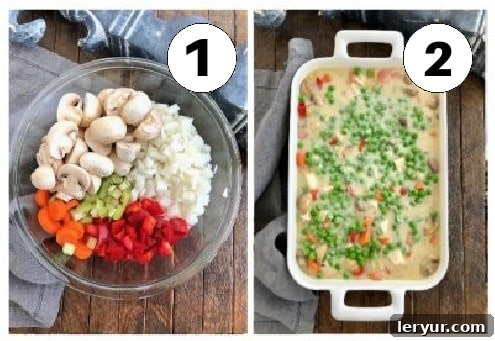 Hearty Homestyle Chicken Pot Pie 2 Process shots showing raw filling ingredients (chicken, vegetables) on one side and an uncooked casserole dish filled with the chicken pot pie mixture on the other.