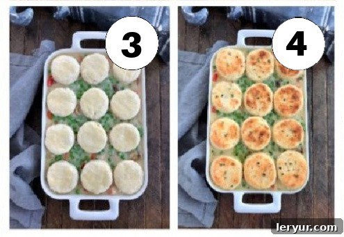 Hearty Homestyle Chicken Pot Pie 3 Process shots illustrating a casserole dish with uncooked biscuits placed on top of the filling, followed by the same casserole dish after baking, with golden-brown, puffed biscuits.