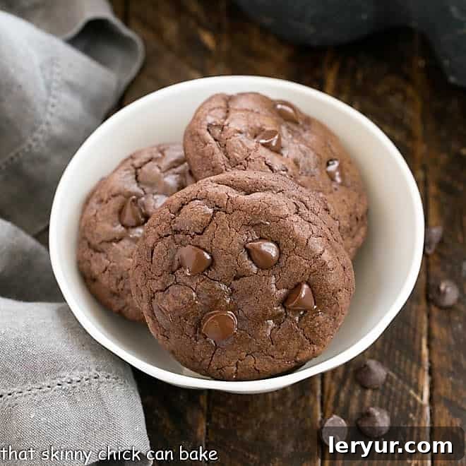Double Chocolate Cookie Recipe with cocoa and unsweetened chocolate to flavor the dough plus loads of chocolate chunks! Overhead view of several rich Double Chocolate Cookies in a white bowl, showing their deep color and generously melted chocolate chunks.