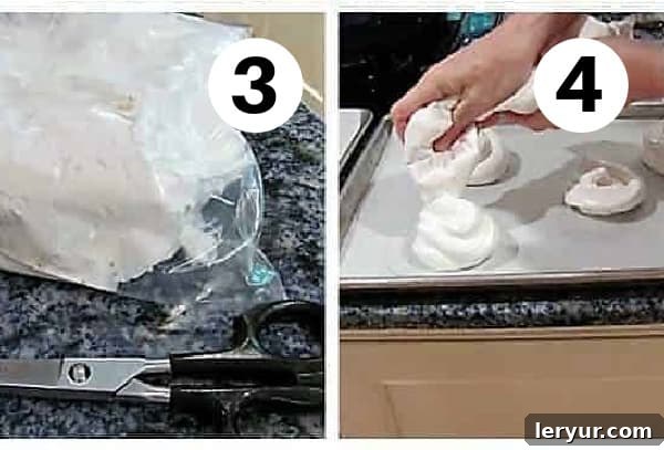 Mini pavlova process shots number 3, 4. Pavlova mix in a bag and squeezing onto a baking sheet.
