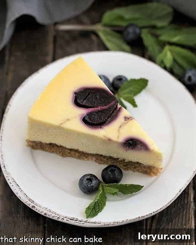 This Blueberry Swirl Cheesecake is one of the most creamy, luscious cheesecakes you'll ever taste! A perfectly sliced Blueberry Swirl Cheesecake on a white plate, garnished with fresh mint and blueberries.