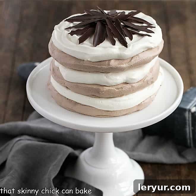 A beautifully presented Layered Chocolate Meringue Cake on a white ceramic cake plate, garnished with chocolate shards.