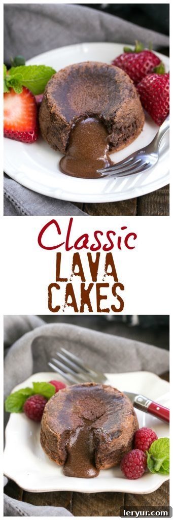 Molten Lava Cake Recipe Collage A vibrant collage featuring two delicious molten lava cakes with garnishes, alongside descriptive text for the Classic Lava Cakes Recipe