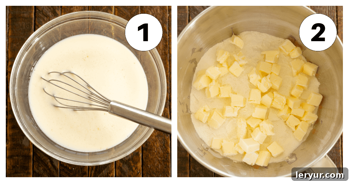 Visual steps 1 and 2 for making the white layer cake, demonstrating the preparation of wet and dry ingredients.