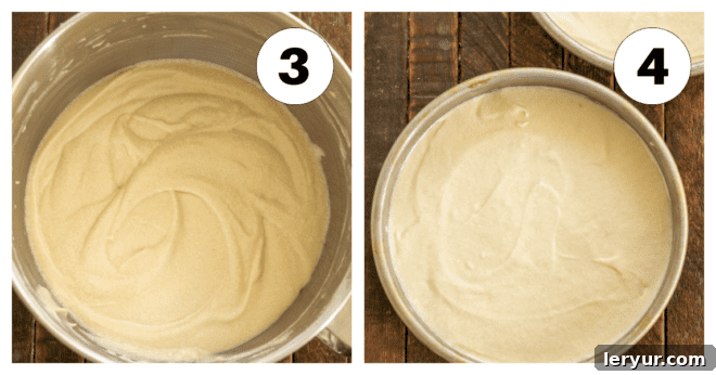 Visual steps 3 and 4 for the white layer cake, illustrating the incorporation of liquid into dry ingredients and the final baking preparation.