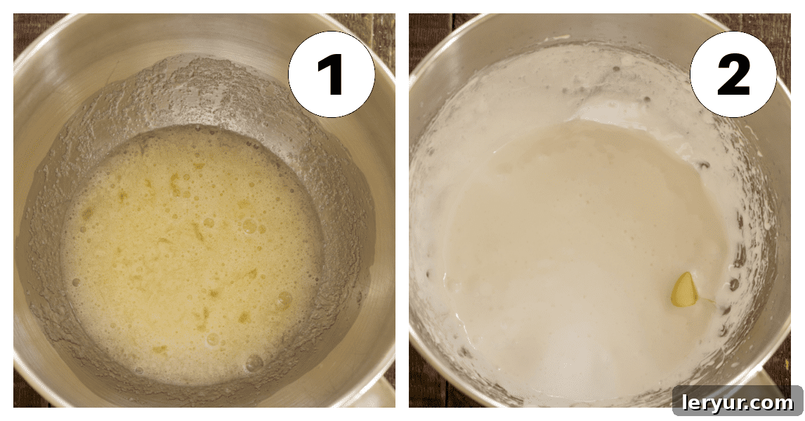 Initial steps for making White Chocolate Swiss Meringue Buttercream, images labeled #1 and #2, showing the careful double boiler method and whisking of egg whites.