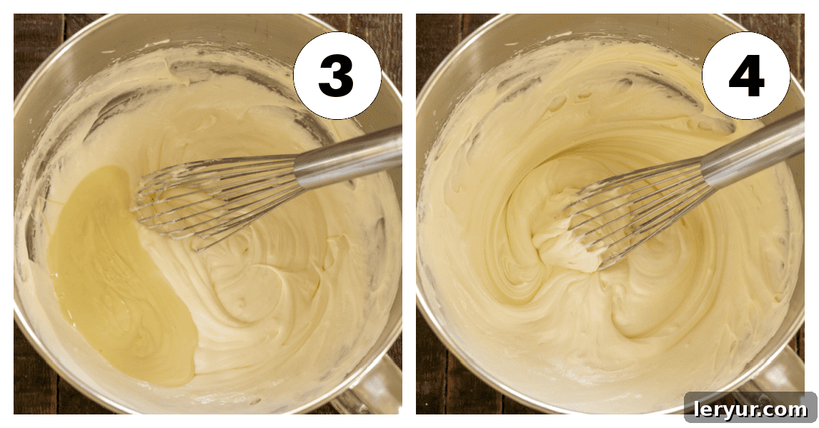 Later stages of making White Chocolate Swiss Meringue Buttercream, process shots 3 and 4, demonstrating the careful incorporation of butter and melted white chocolate.