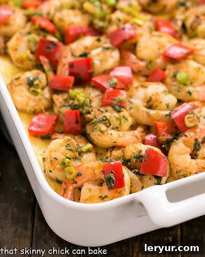 Close view of Cheesy Shrimp and Grits in a casserole dish