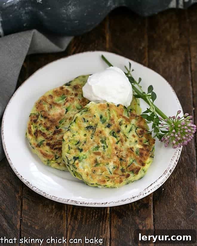 Three golden-brown zucchini fritters on a white plate, garnished with fresh herbs and a dollop of sour cream.