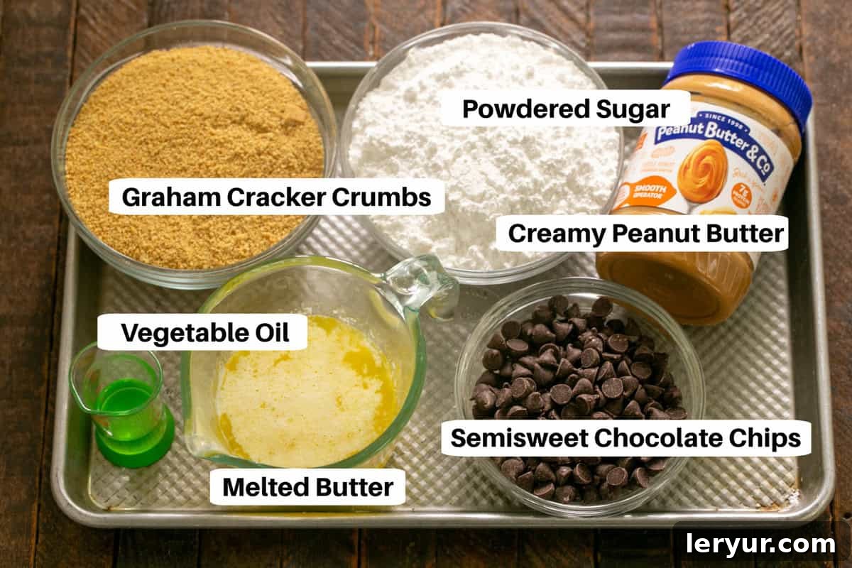Forget Reeses: These Are The Best Peanut Butter Bars 2 Ingredients for No-Bake Peanut Butter Bars laid out on a sheet pan with labels, including butter, graham cracker crumbs, powdered sugar, peanut butter, chocolate, and vegetable oil.