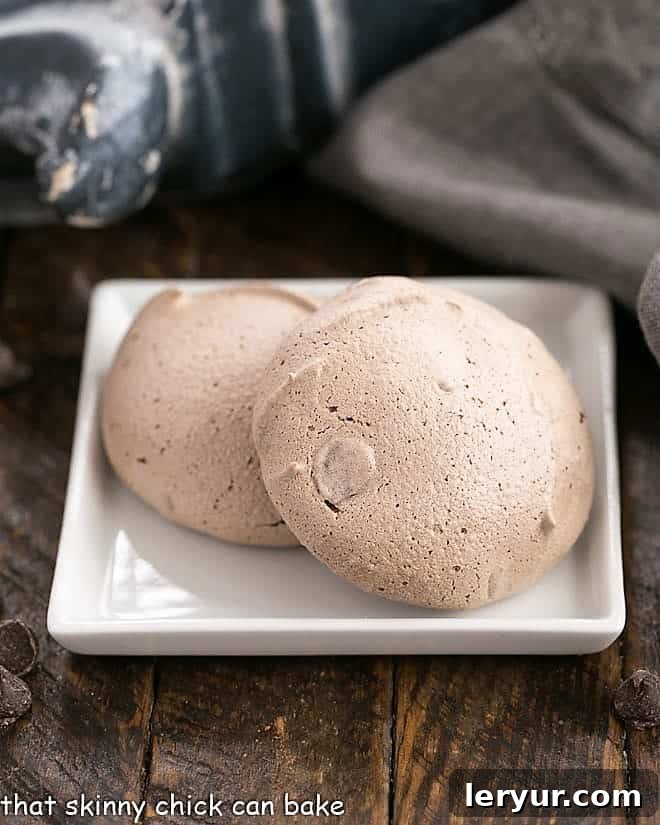 Two perfectly baked Chocolate Chip Meringues, showcasing their crisp texture, resting on a clean white square plate. A perfect dessert for any occasion.