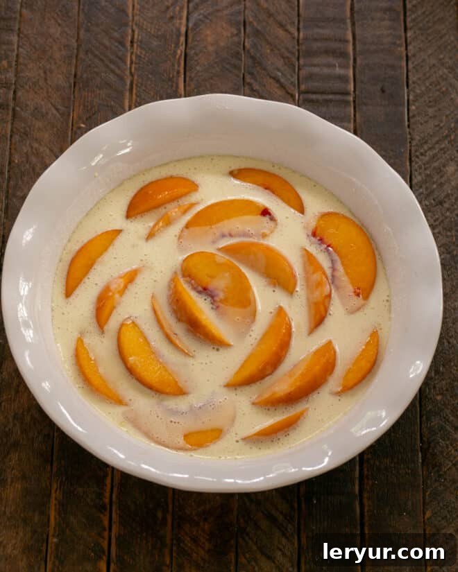 Half of the smooth, creamy clafoutis batter poured into the prepared dish, topped with artfully arranged fresh peach slices.