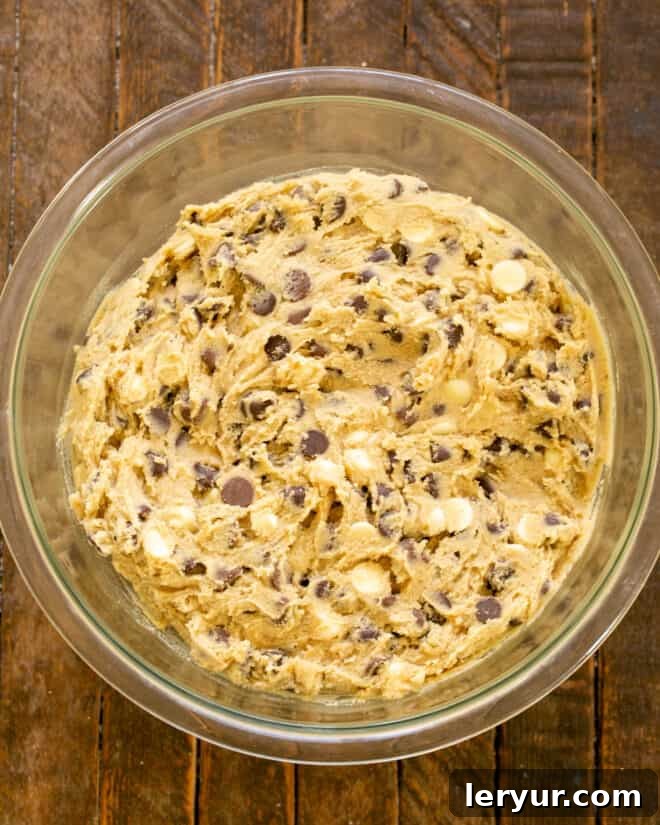 The cookie dough, now thoroughly mixed with chocolate chips, showcasing its rich, even consistency and readiness for the baking pan.