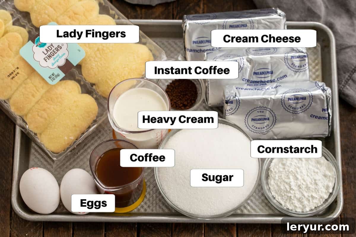 Tiramisu Inspired Cheesecake 2 Tiramisu cheesecake ingredients with labels on a sheetpan, showing items like ladyfingers, coffee, cream cheese, sugar, eggs, cornstarch, heavy cream, instant coffee/espresso powder, vanilla extract, and mascarpone cheese.