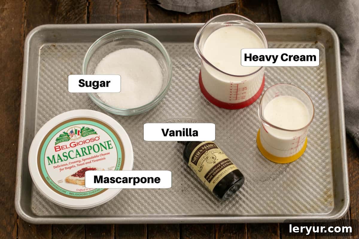Tiramisu Inspired Cheesecake 3 Mascarpone cheesecake layer ingredients with labels on a sheetpan, highlighting the mascarpone cheese, heavy cream, sugar, and vanilla for the topping.