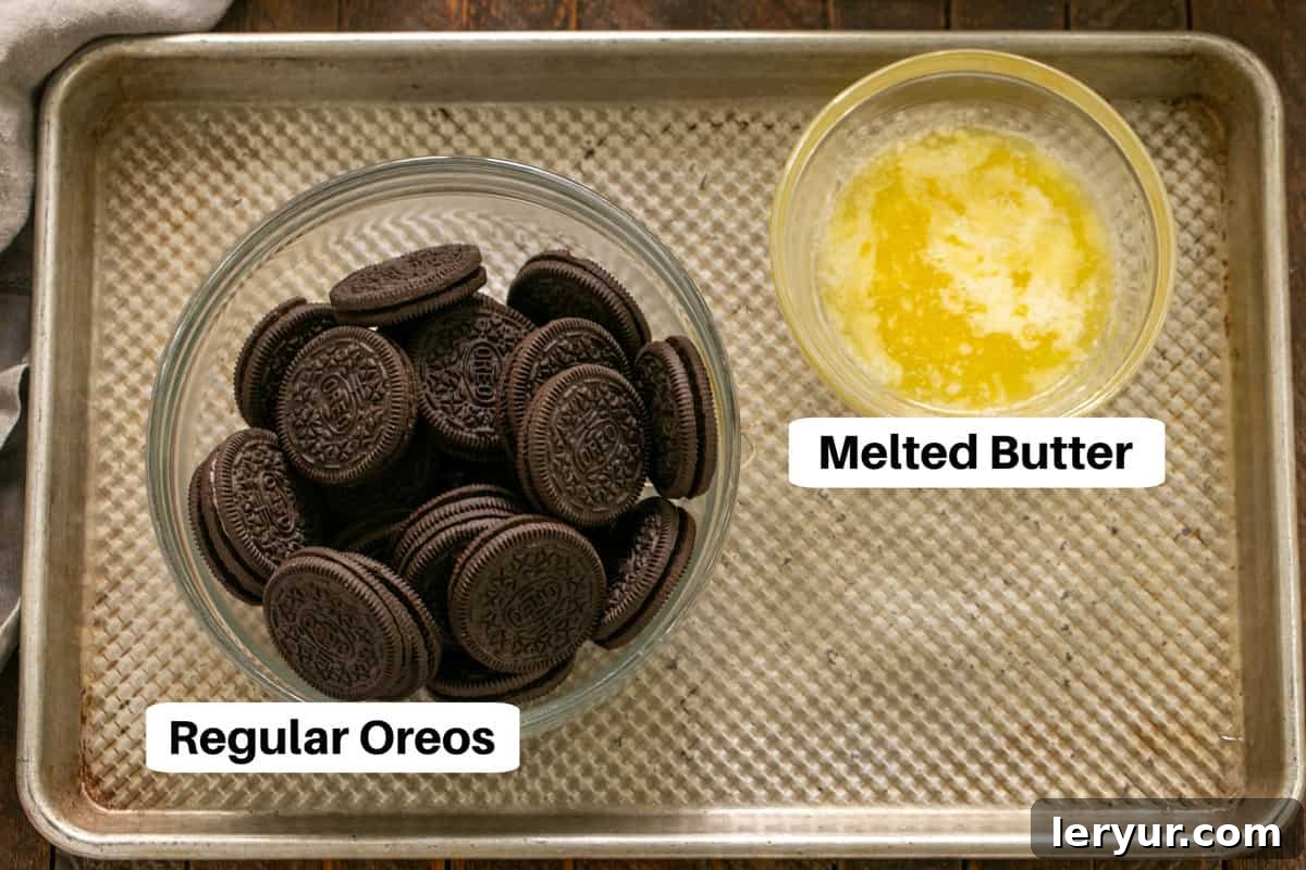 Emerald Oasis Oreo Dream 2 Ingredients for Grasshopper Pie Crust laid out on a metal sheet pan with clear labels.