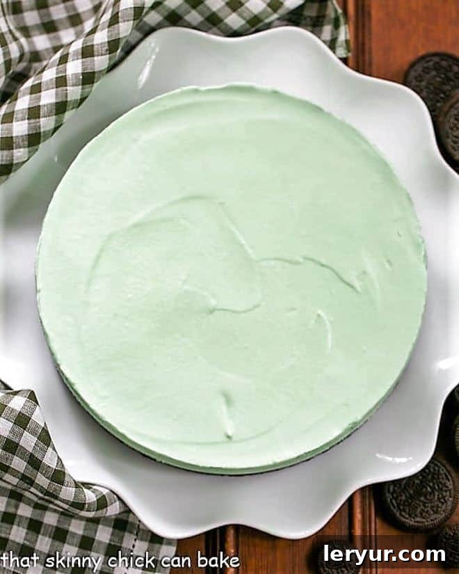 Frozen Mint Pie with an Oreo Crust - Mint lovers will swoon with every bite of this frozen dessert! A whole Frozen Grasshopper Pie with an Oreo Crust, elegantly presented on a white ceramic serving platter, garnished with a few whole Oreo cookies.