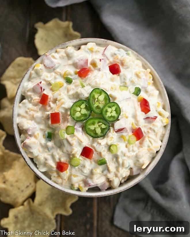 Overhead view of Sour Cream Corn Dip ready to serve.
