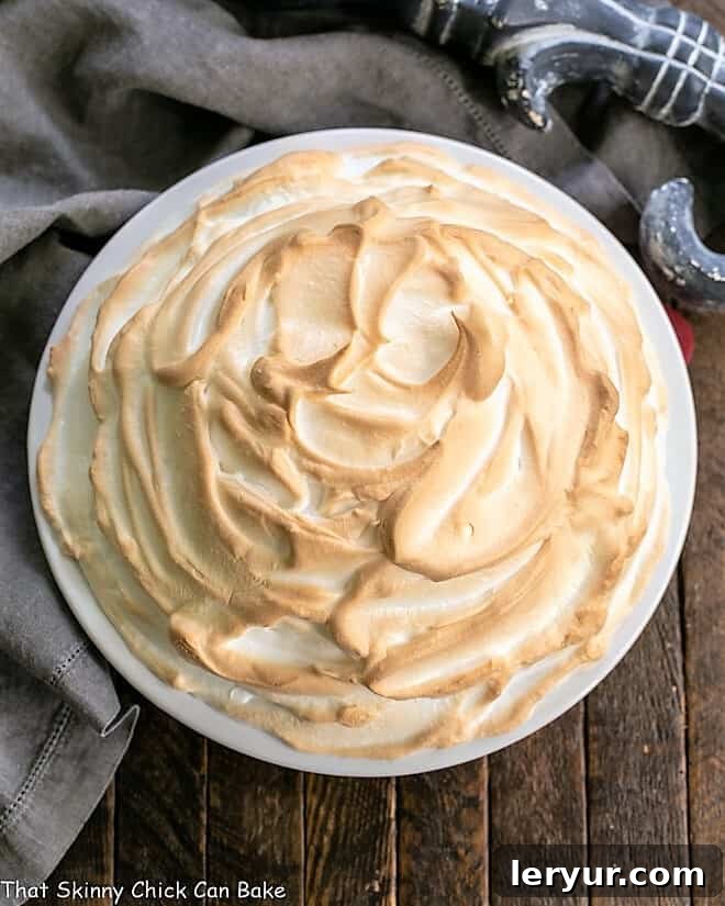 Overhead view of a finished Brownie Baked Alaska in a white pie plate, showing the beautifully toasted meringue peaks and swirls.