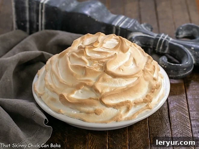 Side view of a beautiful Brownie Baked Alaska with toasted meringue