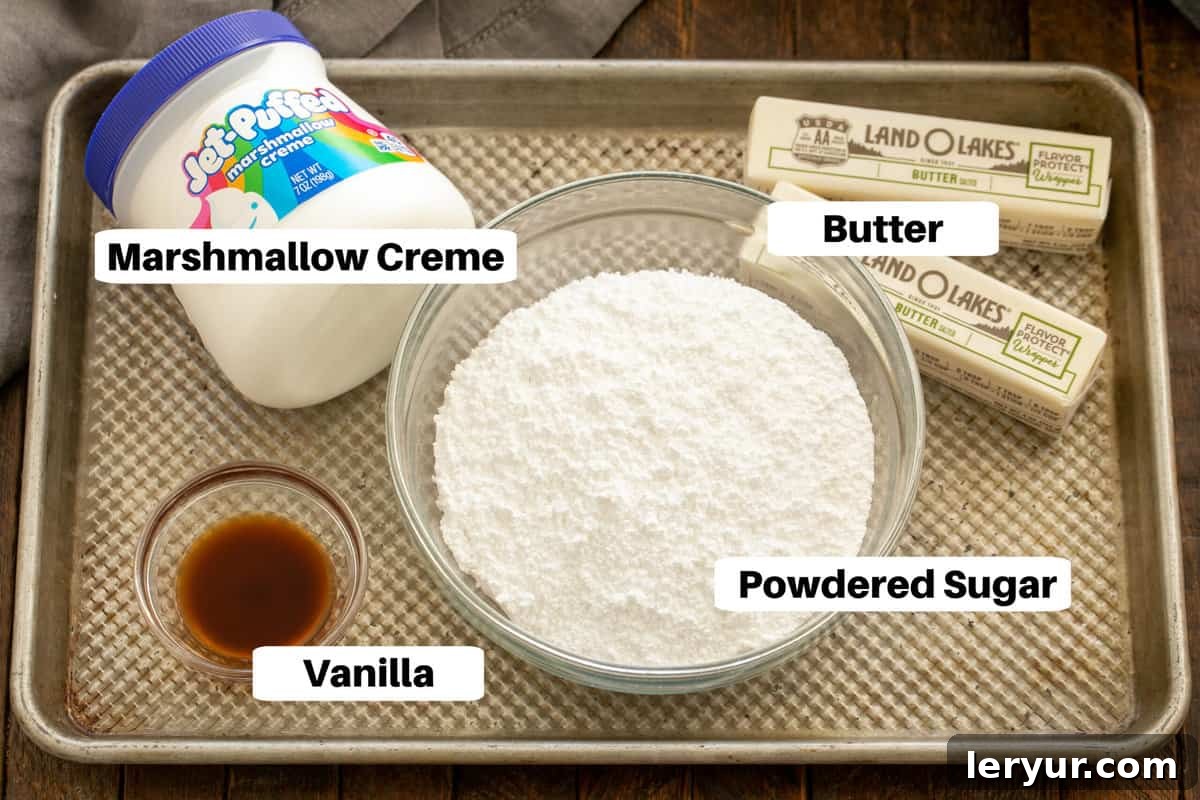 Old-Fashioned Marshmallow Dream Whoopies 3 Clearly labeled ingredients for the marshmallow cream Whoopie Pie filling, neatly laid out on a baking sheet.
