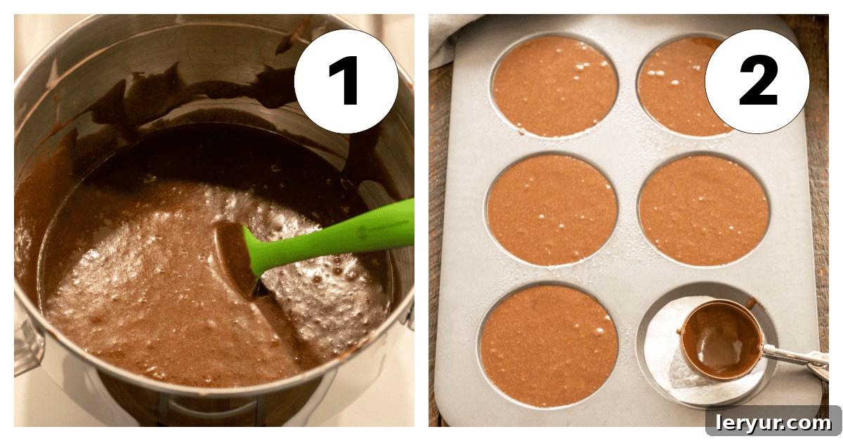 Old-Fashioned Marshmallow Dream Whoopies 4 Whoopie pie process shots showing batter being prepared in a stand mixer and then scooped into muffin top tins.