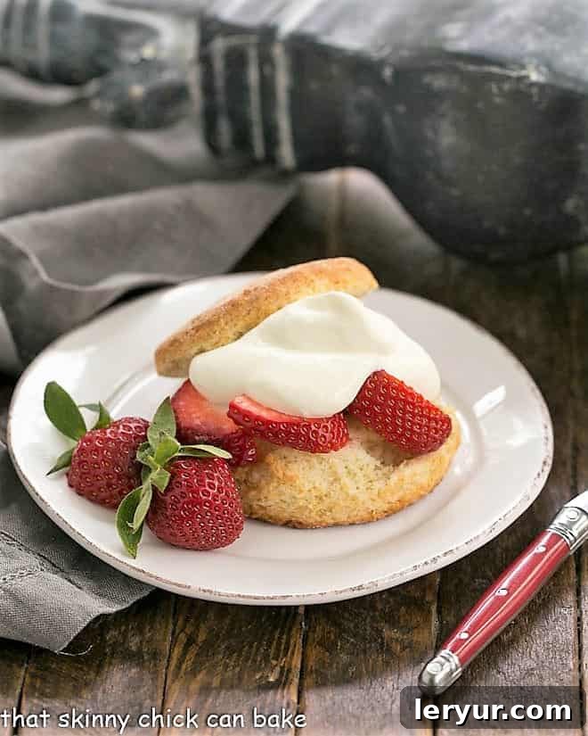 Strawberry Shortcakes with White Chocolate Whipped Cream on a white plate, showcasing the fluffy cream and fresh berries.