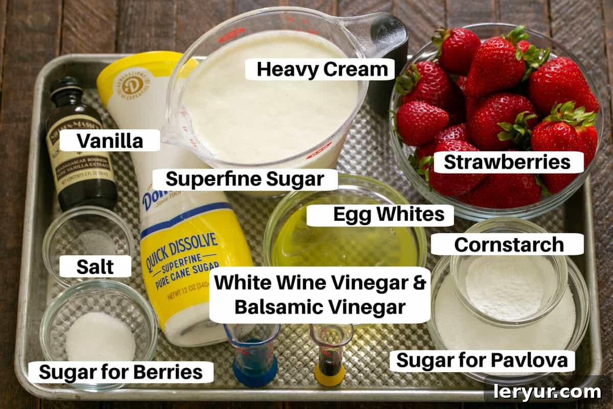 Ethereal Strawberry Delight 2 Strawberry Pavlova Ingredients with labels on a metal sheetpan.