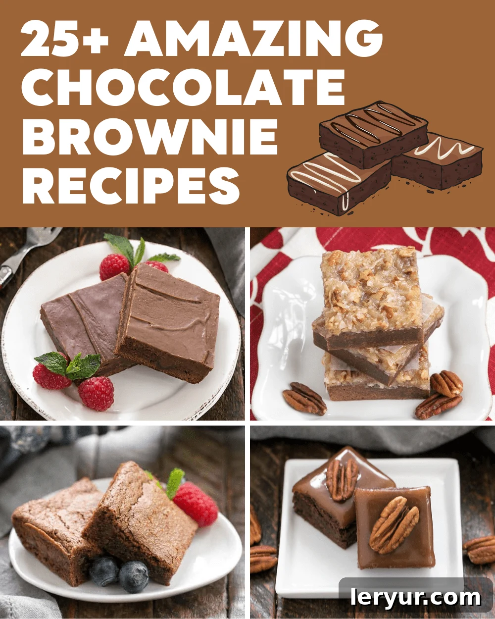 Brownie recipes collage with title box, showcasing various brownie types.
