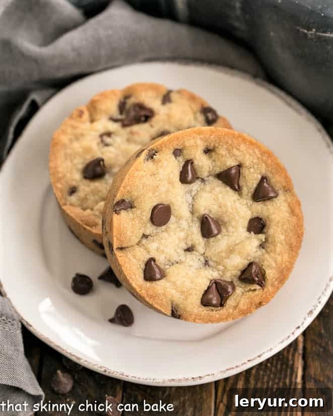 An overhead view of two individual chocolate chip cookies baked in ramekins, perfect for a single serving.