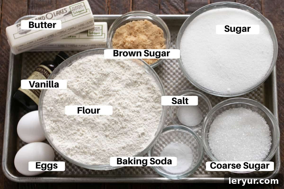 Colossal Sugar Cookies 2 Giant Sugar Cookie Ingredients with labels on a metal sheet pan.
