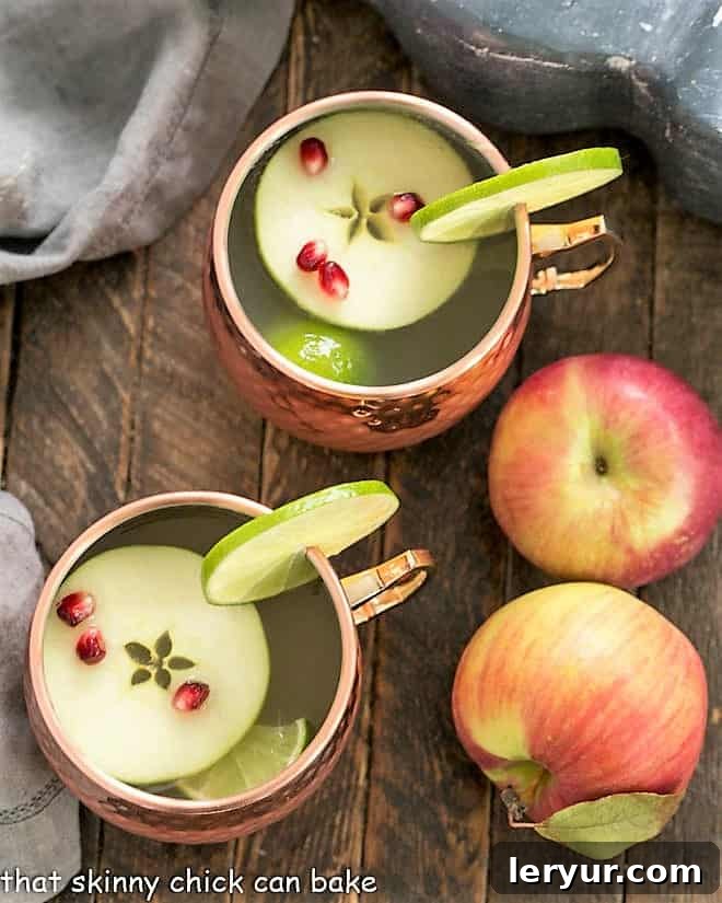 Overhead view of two perfectly prepared Apple Cider Moscow Mules in elegant copper mugs, with garnishes.