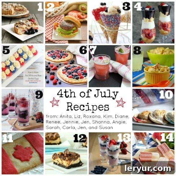 A collage of Fourth of July themed recipes, including desserts and appetizers.