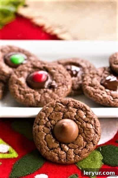 A close-up view of the rich, textured surface of a Double Chocolate Thumbprint Cookie, showing its deep chocolate color and perfect filling.