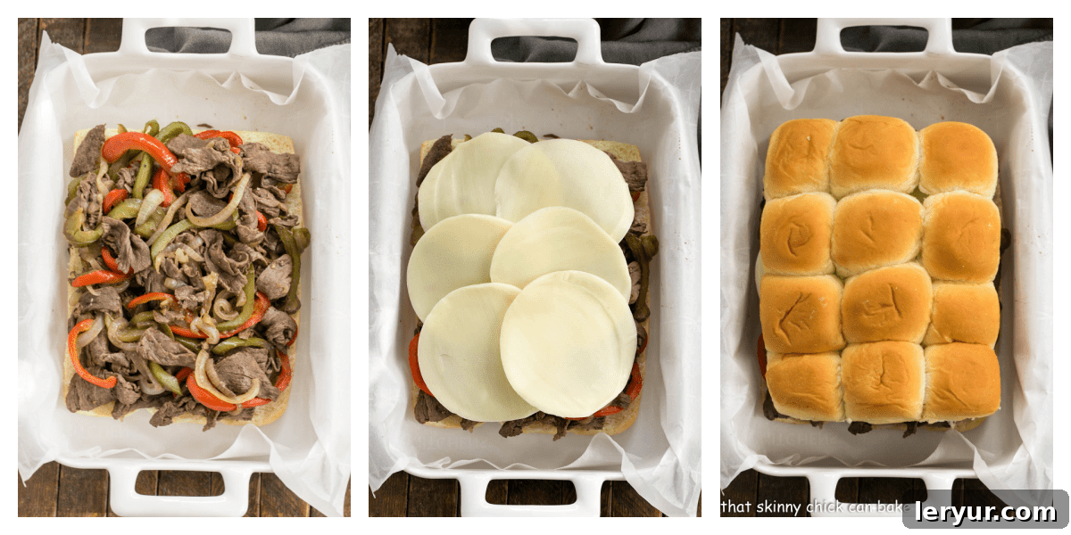 Step-by-step process of assembling Philly Cheesesteak Sliders, including cooking the filling and layering ingredients.
