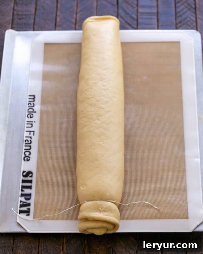 The dough cylinder being expertly cut into individual 1.5-inch rolls using unflavored dental floss for clean, precise slices.