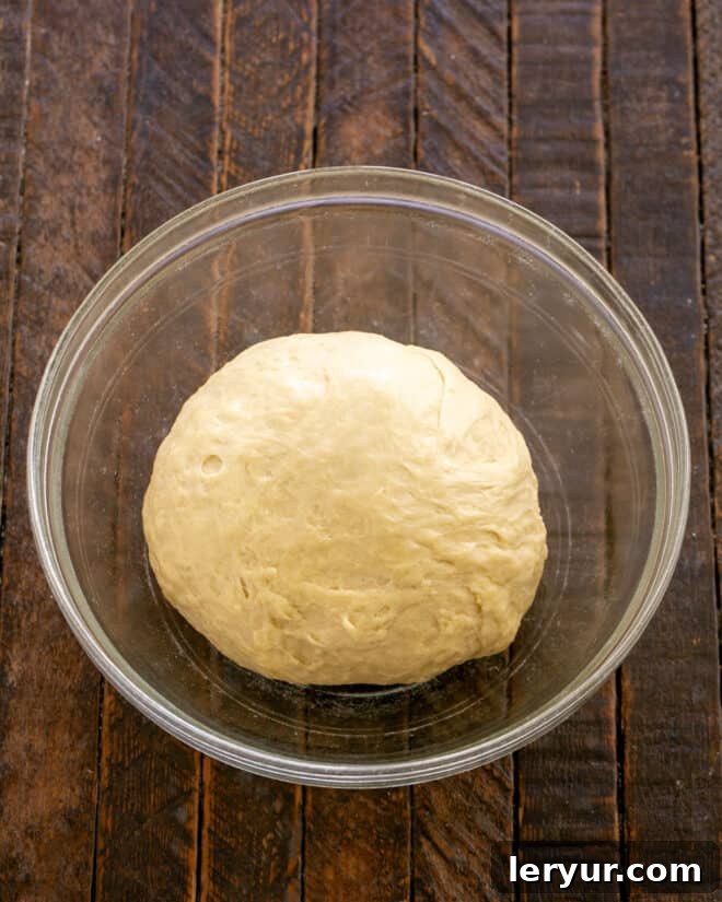 The well-mixed and kneaded dough resting in a bowl, covered for its first proofing stage.